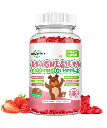 Magnesium Gummies for Kids - Magnesium Glycinate Gummies Supplement with L-Theanine, Vitamin B6, D3 for Kids & Adults Sleep, Calm, Relaxation, Brain, Bones, Sugar Free Strawberry 60ct Strawberry 60 Count (Pack of 1)