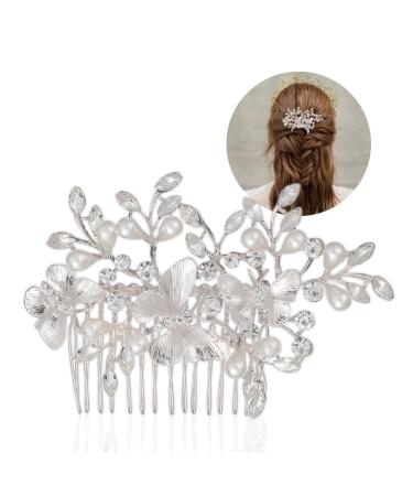 Bridal Bride Hair Accessories Rhinestone Alloy Butterfly Leaf Hair Pin Wedding Hair Piece Pins for Women Mother of Bride Pearl Comb Pearl Rhinestone Hair Accessories for Wedding and Party