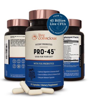 PRO45: Clinical Grade Probiotic Formula, 45 Billion CFU, 11 Patented strains. Dairy Free. Delayed Release Veggie caps. Promotes Immune and Digestive Health. 30 Capsules 30 Count (Pack of 1)