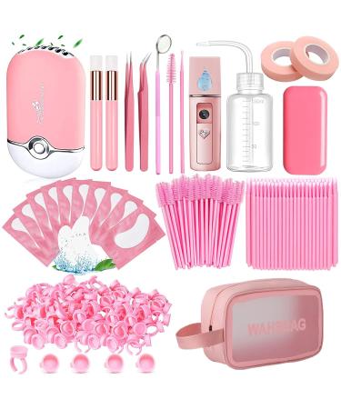Eyelash Extension Supply Eyelash Extension Kit with USB Air Conditioning Blower Nano Facial Mister Silicone Pad Tweezers Eye Gel Pad Mini Brush Wash Bottle Mascara Brush Glue Ring (Pink)