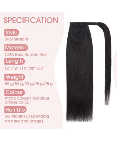 Wrap around Ponytail Hair Extension with Clip in One Piece Remy Human Hairpiece Straight 16 inches #1B Natural Black - Buy Online on GoSupps.com