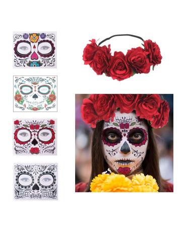 4 Pcs Day of The Dead Sugar Skull Face Temporary Tattoo Halloween Makeup Tattoo Stickers for Halloween Masquerade Party with 1 Rose Red Flower Crown Headband
