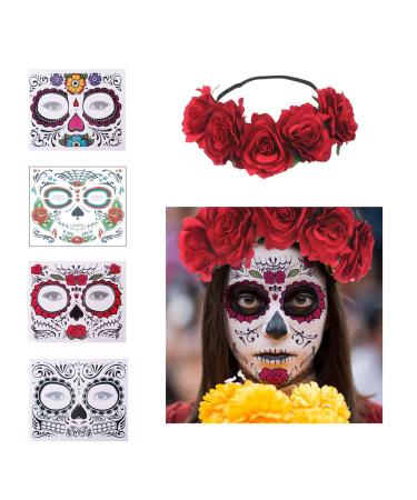4 Pcs Day of The Dead Sugar Skull Face Temporary Tattoo Halloween Makeup Tattoo Stickers for Halloween Masquerade Party with 1 Rose Red Flower Crown Headband - Buy Online on GoSupps.com