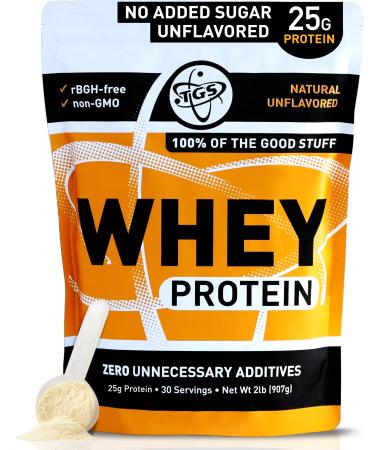 TGS 100% Whey Protein Powder Unflavored, Unsweetened, Keto Friendly - 2lb - All Natural, Low Carb, Low Calorie, Soy Free, Gluten Free, Made in USA 2 Pound (Pack of 1)