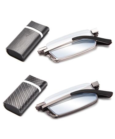 Amorays 2 pairs of foldable metal reading glasses mini portable reading glasses with hard shells-etui anti-blue light for women and men 1166 +2.00 dark gray & light gray
