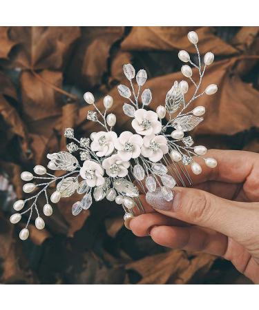 Edary Silver Flower Bridal Hair Comb Pearl & Crystal Hairpiece for Weddings | Elegant Leaf Accessories for Women & Girls - Buy Online on GoSupps.com