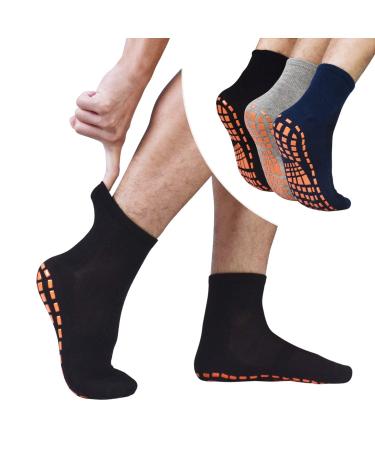 Non Slip Socks for Men House Socks with Grips 3 Pairs Anti-Skid Yoga Pilates Tile Wood Floors Hospital Slipper Socks 01 Black+gray+navy Blue 13-15