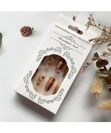 Fall Press on Coffin Nails | Medium Length Acrylic | Maple Leaves Gradient Brown Glitter | Glossy Artificial Nails for Women & Girls - Buy Online on GoSupps.com