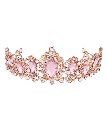 Vofler Rose Gold Tiara with Pink Crystal - Baroque Rhinestone Crown for Women - Ideal for Princess, Bride, Birthday, Wedding, Prom, Quinceanera - Rose Gold and Pink - Buy Online on GoSupps.com