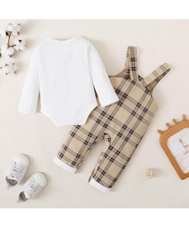 Puseky Baby Boy 3-6 Months Clothes Set | Long Sleeve Romper with Plaid Suspenders Overall Pants | Spring Fall Outfits in White - Buy Online on GoSupps.com