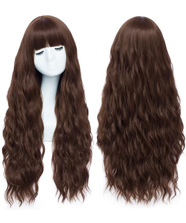 Mildiso Brown Wigs for Women, 26'' Long Curly Wavy Brown Wig with Bangs Natural Cute Hair Wig with Wig Net Perfect for Daily Party Halloween M062BR Dark Brown