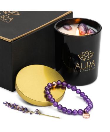 Relaxation Gifts for Women Stress Relief Gift Set Crystal Candle Amethyst Beaded Bracelet Lavender Scented Soy Candles Purple Healing Crystals Spiritual Gift Box Anxiety Calming Unique Gifts for MOM Candle and Bracelet Gift Set