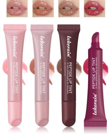 Tinted Lip Balm Kit-4Pcs Peptide Hydrating Lip Tint Moisturizer Jelly Lip Treatment Balm Non-Stick Lip Care Glow Reviver Lip Oil Yummy Glowy Lip Gloss Christmas Makeup Gift for Women-Set C Setc-01+02+03+04