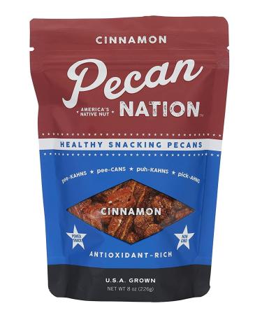 Pecan Nation Cinnamon Flavored Roasted Pecan Halves 8 oz., Natural, No preservatives, Antioxidant-Rich, Non-GMO, Healthy Nut Power Snack for Adults and Kids Cinnamon 8 Ounce (Pack of 1)
