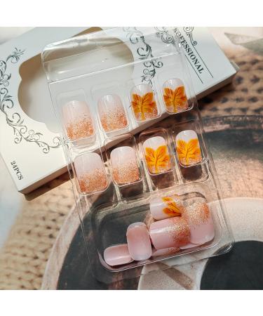 24Pcs Fall Fake Nails - Glitter French Tip Press On Acrylic Nails with Maple Leaf Design for Women & Girls | Autumn Thanksgiving Decor - Buy Online on GoSupps.com
