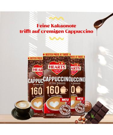 HEARTS Cappuccino with fine cocoa 1 kg trial pack extra economical for 160 cups milky and creamy beverage powder containing coffee - Buy Online on GoSupps.com
