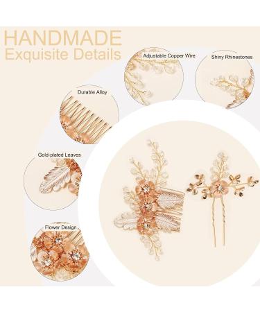 3-Pack Bridal Flower Leaves Hair Comb Set - Gold Wedding Accessories with Pearls and Rhinestones for Women, Bridesmaids, Prom - Vintage Headpiece - Buy Online on GoSupps.com