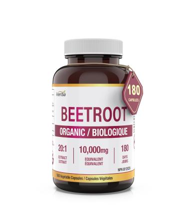 Herba Organic Beet Root Supplement 10 000mg 180 Vegetable Capsules | 20:1 Beet Root Powder in Capsule | Nitric Oxide Supplements for Men & Women | Made in Canada