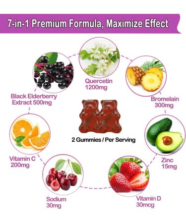 Organic Quercetin Gummies with Vitamin C, Zinc & Elderberry - Immune Support for Adults & Kids - 120 Vegan Chewable Gummies - Pack of 2 - Buy Online on GoSupps.com