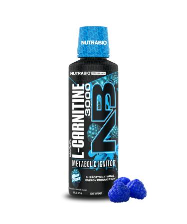 NutraBio L-Carnitine Liquid Shots 3000mg (Blue Razz) 10mg of Vitamin B-5 Zero Carbs & Sugars Energy Production Muscle Recovery