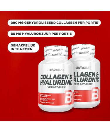 BioTechUSA Collagen & Hyaluronic 280 mg collagen and 60 mg hyaluronic acid per serving Easy to take Glutenfree 30 capsules - Buy Online on GoSupps.com