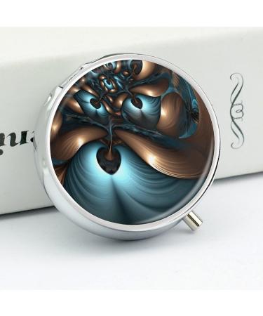 Decorative Round Pill Box - 3 Compartment Abstract Blue Brown Print | Portable Metal Pill Organizer for Travel - Buy Online on GoSupps.com