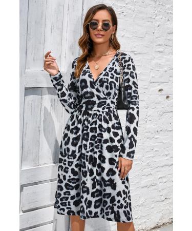 OUGES Women's Spring Casual Midi Dress with Long Sleeve V-Neck and Floral Print - S Leopard02 - Buy Online on GoSupps.com