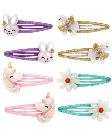 Girls Flower Snap Hair Clips Unicorn No Slip Metal Hair Clips Girls Sparkly Unicorn Hair Accessories Toddlers Kids Hair Clips Colorful Rabbit Barrette Hair Pins for Party Birthday Gift Supplies Favors 8Pcs