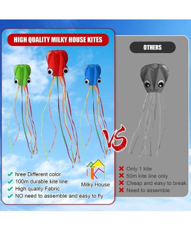 3 Pack Octopus Kite Set - Easy Flyer Beach Kites for Kids & Adults - Blue/Green/Red - 100M Kite String Included - Buy Online on GoSupps.com