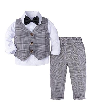 mintgreen Baby Boys Gentleman Suit Set Long Sleeve Shirt with Bowtie + Waistcoat + Pants Size: 1-4 Years Grey Plaid 18-24 Months