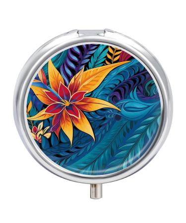 Round Pill Box Tropical Leaves Pattern for Tribal Design Print 3 Compartment Medicine Pill Case Print Pill Organizer Decorative Metal Portable Pill Box Pocket Pill Box