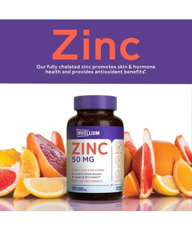 Whollium Zinc 50mg - Chelated for Skin Health & Immune Support - Vegan Formula - 90 Caps - Buy Online on GoSupps.com
