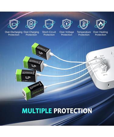 LP 9V USB Rechargeable Batteries - 4 Pack 800mAh High Capacity for Alarms Microphones Smoke Detectors & More | Eco-Friendly Li-ion 9V with Micro Charging Cable - Buy Online on GoSupps.com