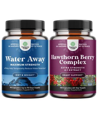 Bundle of Water Away Fluid Retention with Dandelion Leaf Extract & Green Tea for Bloating Relief and High Strength Hawthorn Berry Capsules with Leaf & Flower Extract 4:1 for Healthy Heart & Digestion