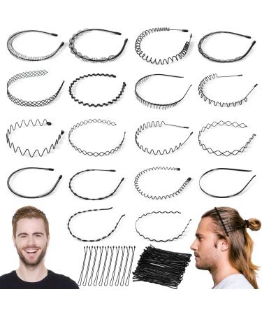 XunYee 18 Pieces Metal Wavy Headband Hair Bands for Men Bulk Elastic and 50 Pieces Black Lock in Place Hair Pins Simple Hair Clips Non Slip Hair Accessories Women Men Boys Girls Hoop