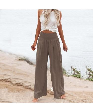 Flowy Beach Palazzo Pants for Women - High Waisted Summer Lounge Trousers - Cotton Linen Wide Leg Pants with Pockets - X-Large - Coffee Color - Buy Online on GoSupps.com