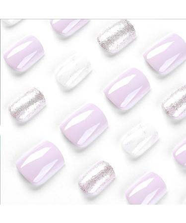 24Pcs Purple White Glitter False Nails - Short Squoval Press On Nails with Glue for Women & Girls - Buy Online on GoSupps.com