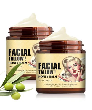 Honey Whipped Beef Tallow Balm, Grass Fed Face Cream, Beef Suet Skin Care, Pure Honey Suet Cream for Face & Body (2 Pcs)