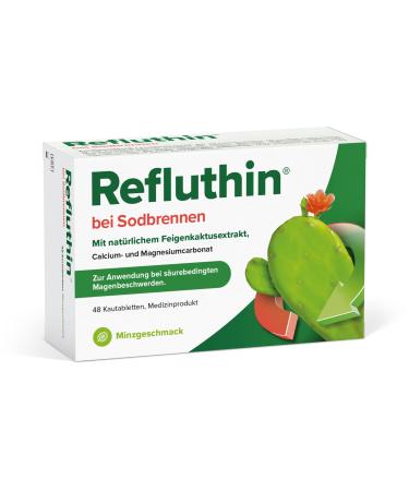 Refluthin at heartburn |48 chewing tablets with mint taste |Medical product |Reflux - complaints & heartburn |Neutralized excess stomach acid |Vegan & gluten -free |Heartburn tablets mint 48 pieces (1 Pack)