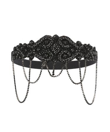 FGSS 1920s Flapper Headband Headpiece Great Gatsby Headband Rhinestone Chain Roaring 20s Hair Accessories for Women Black
