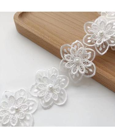 Embroidered Flower Lace Pearl Trim Ribbon Wedding Applique DIY Craft Ribbon White -3Yards (2)