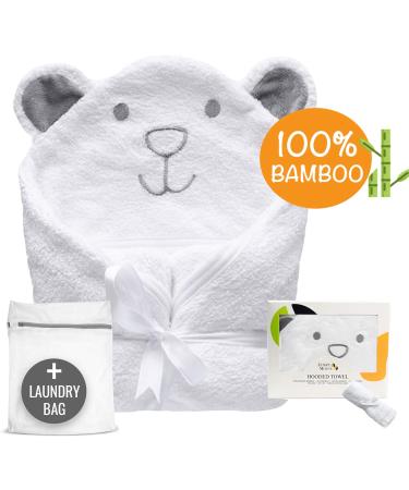 JM Organic Bamboo Hooded Baby Towel - Hypoallergenic & Absorbent - Perfect Baby Gift Set with Washcloth & Laundry Bag - Grey Bear Design | 35x35 for Kids & Babies - Buy Online on GoSupps.com