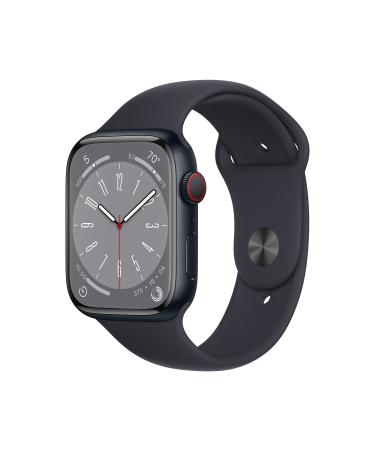 Apple Watch Series 8 GPS + Cellular 45mm Smart Watch w/Midnight Aluminum Case with Midnight Sport Band - M/L. Fitness Tracker, Blood Oxygen & ECG Apps, Always-On Retina Display, Water Resistant 45mm M/L - fits 160210mm wrists Midnight Aluminium Case w Mid