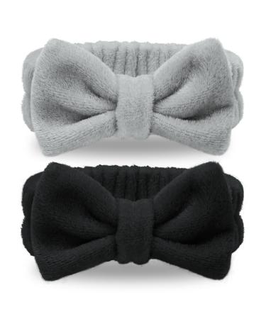 Spa Headband - 2 Pack Bow Hair Band Facial Makeup Headbands SPA Headband for Washing Face with Bowknot Hair Wrap for SPA Yoga Sports Soft Coral Women Girl Fleece Skincare Headbands (Black+Gray) Black and Grey