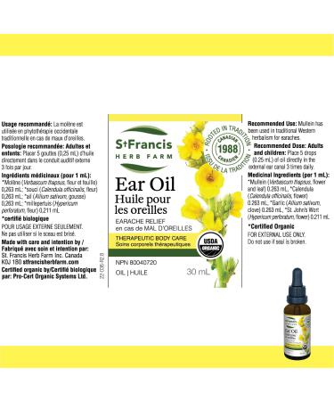 Buy ST FRANCIS HERB FARM Organic Ear Oil 30 ML - Natural Relief for Ear Discomfort | International Shipping Available - Buy Online on GoSupps.com