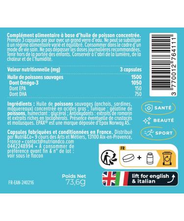 NUTRI & CO Omega 3 EPAX Wild Fish Oil High Concentration EPA DHA & Vitamin E - Sustainable Peach & Pure Fish Oil 120 Anti-Oxidation Capsules Made in France - Buy Online on GoSupps.com