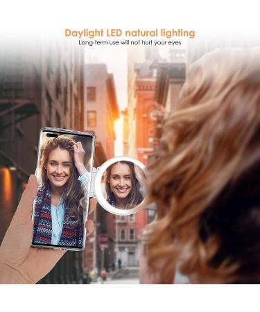 Shell Pocket Mirror with Lighted Selfie Ring 1x/2x Magnification, Dimmable LED Lights - Rechargeable Compact Handheld Mirror for Handbag - Perfect Gift for Sisters and Kids - White - Buy Online on GoSupps.com