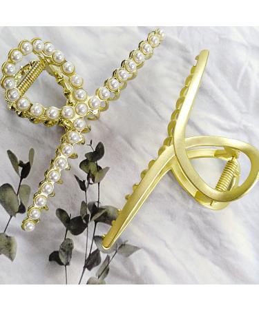Large Metal Hair Claw with Pearls 4.3 Inch 2 Pack - Non-Slip Hair Clips for Thick Hair - Metallic Gold Crab Claws - Buy Online on GoSupps.com