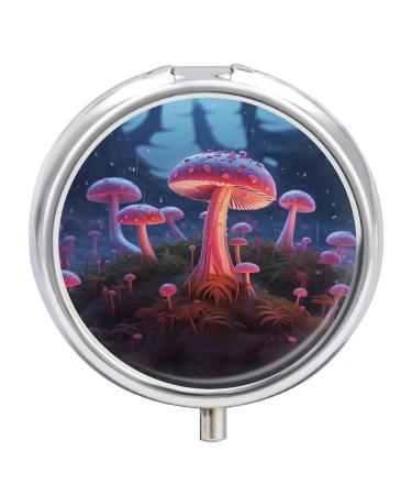 Pill Box Pill Case 3 Compartment Travel Pill Box Magic Mushroom Printing Small Pill Box Portable Medicine Pill Case Pill Organizer for Purse & Pocket for Travel Handbag (Round)
