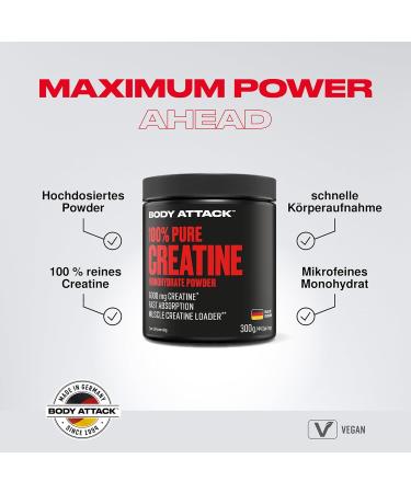 Body Attack Creatine Monohydrate 300g - Pure Vegan Powder - Optimal Solubility - Made in Germany - Cologne List Certified - Buy Online on GoSupps.com